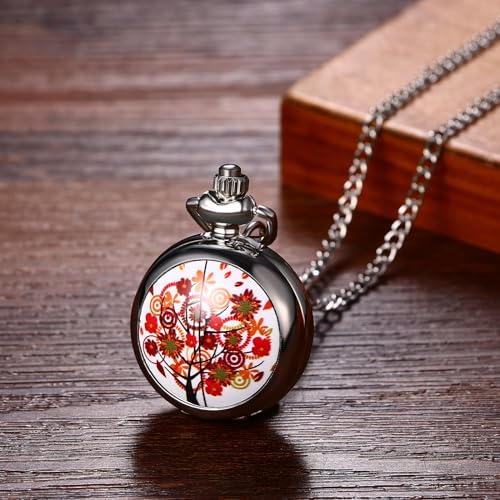 Image of Avaner Flower Printing Pocket Watches: Colorful Flower Analog Quartz Silver Pocket Watches with Chain for Men and Women