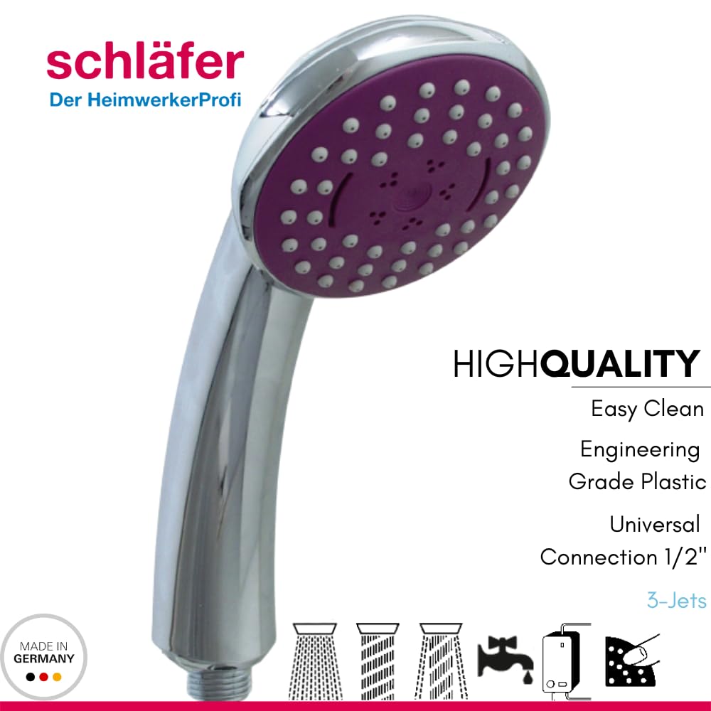 Schläfer Alcachofa de ducha universal 1305100, alcachofa de ducha universal, color violeta, 3 chorros antical, cromo, fabricado en Alemania, ahorro de agua, ducha de lluvia y función de masaje