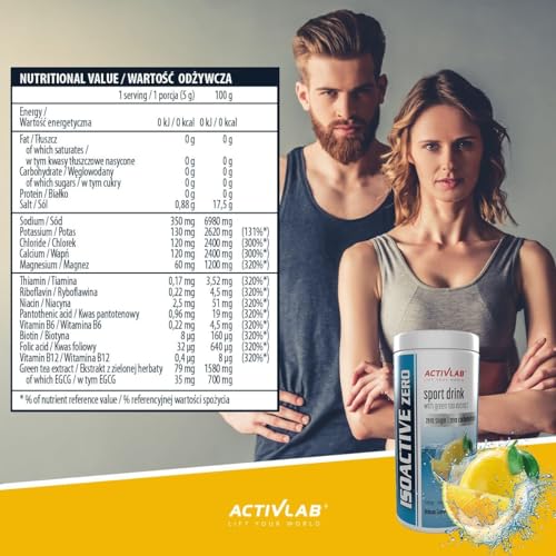 Activlab ISOACTIVE ZERO Zitronengeschmack – Zuckerfreies Iso-Getränk mit Elektrolyten und grünem Tee-Extrakt, 225g, Kalorienfrei, B-Vitamine
