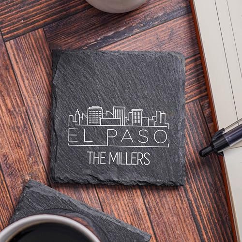 Blue Ridge Mountain Gifts - City Skyline Coasters, Set of 4 - El Paso TX Personalized Slate Coasters with a Contemporary Skyline Design, Customize with Names