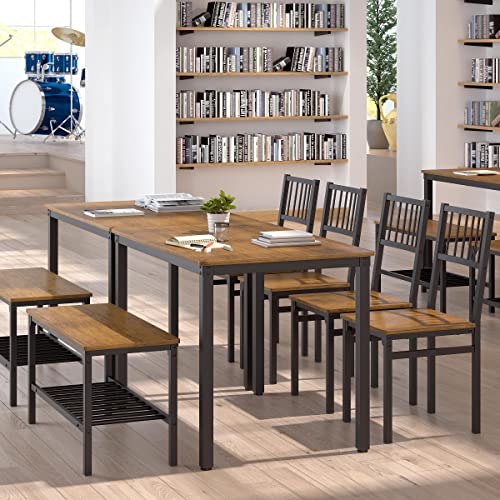 Image of Teraves Dining Table Set for 4 /Computer Desk,Kitchen Table with 2 Chairs and a Bench,Table and Chairs Dining Room Set 4 Piece Set for Dining Room (Teak, 110CM) / 43.31 inch