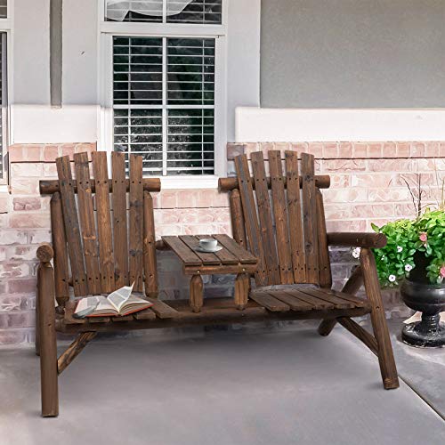 Outsunny 2-Seat Wooden Adirondack Chair, Patio Bench with Table, Outdoor Loveseat Fire Pit Chair for Porch, Backyard, Deck, Carbonized - Image 3