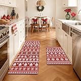 SHACOS Christmas Kitchen Rugs Set of 2 Anti-Fatigue Kitchen Mats Cushioned Red Mats White Deer Snowflakes Christmas Trees Boho Style Kitchen Mats and Rugs for Xmas 17x27.5+17x47, Boho Red