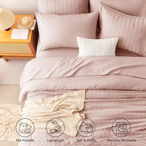 Image of CozyLux King Size Comforter Set Rose Gold, 7 Pieces Seersucker Textured Luxury Bed in a Bag Dusty Pink, All-Season Soft Bedding Sets with Down Alternative Comforter, Sheets, Pillowcases & Shams