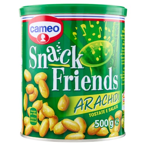 Cameo Snack Friends Arachidi 500 g, Arachidi Tostate e Salate Ideali per Aperitivo, Conservate in una Pratica Lattina con Coperchio Salva Freschezza, Senza Olio di Palma, Vegano, 500 g Complessivi