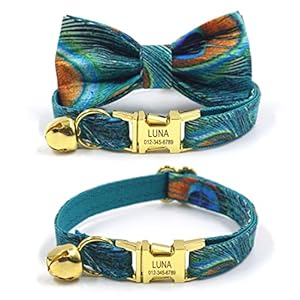 Personalized Cat Collar with Bow Tie and Engraved Name Phone Number for Kittens Small Puppies (Peacoc, S)