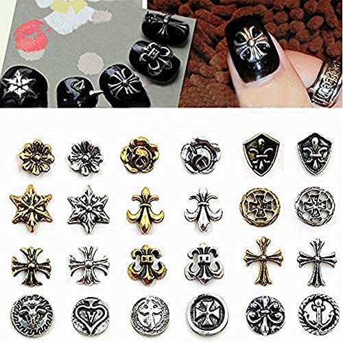 3D Punk Nail Art Decoration Vintage Nail Metal Supplies for Nail Art Designs Cross Flower Sheep Head Manicure Decor Accessories Nail Tips-24 Pcs