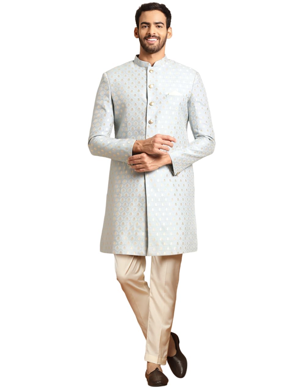 Men's Blue Jacquard Indowestern Sherwani & Off-White Pajama Set – Regular Fit, Mandarin Collar |Indian Ethnic Wedding