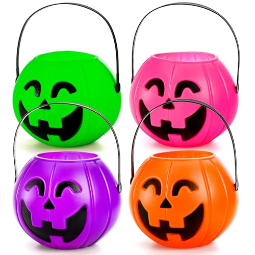 Elsjoy Set of 4 Halloween Pumkin Buckets, Plastic Pumpkin Pail Large Trick or Treat Buckets, Pumpkin Candy Bucket for Halloween Decor, Halloween Party Favors