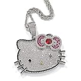 The Jewelers House 14K Gold Finish Unisex Simulated Diamond Iced Out Cute Hello Kitty Head Cartoon Charm Pendant Necklace Set Free Rope Chain, Birthday Gift (White Gold Finish)