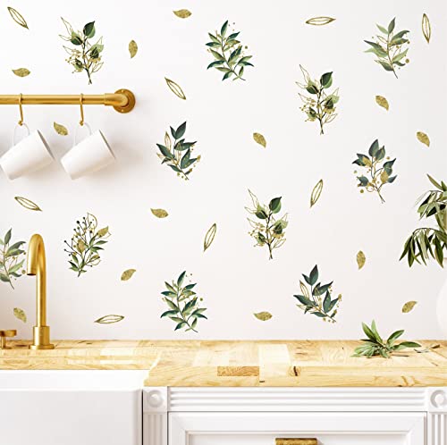 Gold Leaves Wall Sticker Modern Leaves Wall Decal For Living Room Green Leaf Wall Decals Peel And Stick Botanical Plant Wall Stickers Nordic Wall Art Decal For Bathroom Bedroom Kitchen Kids Room Decor #TOP12