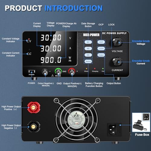 Image of NICE-POWER DC Power Supply Variable, 30V 30A 900W High Power Bench Power Supply for Battery Charging, Adjustable Switching Regulated Power Supply with OCP, Memory Storage, Output Switch, Lock Button