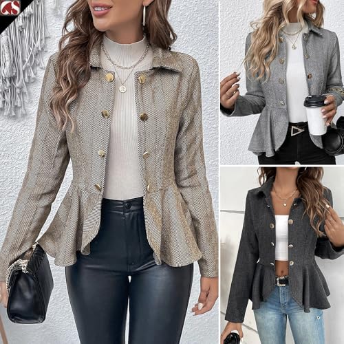 Women's Ruffled Blazer Suit Dressy Slim Peplum Hem Business Jacket, Coat Lapel Button Down Office Outfits2
