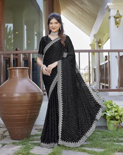 Image of Yashika Women's Hot Fix Work and Solid Color Satin Moss Saree With Unstitched Blouse Material