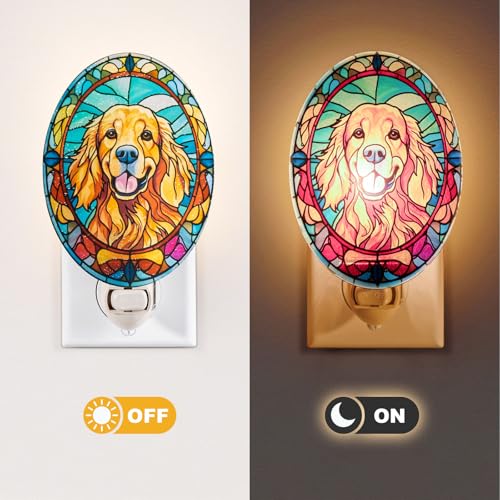 Image of Dog Night Light Golden Retriever, Stained Glass Styled Plug-in Wall Nightlight, Bulb Included, Pet Memorial Dog Lover Gift, Bedroom Hallway Bathroom Decor, Manual On /Off Switch