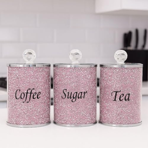 BML Silver Diamond Crushed Pink Tea Sugar Coffee Canisters Jars Kitchen Sparkle | Silver Trimmings Kitchenware Storage Crystal Containers Filled Black Writing