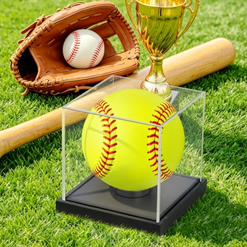 Image of Hooqict Softball Display Case Clear Acrylic Ball Holder Softball Holder Display Case UV Protected with Wood Base Stand Championship Sports Collections Box for Game Ball Baseball