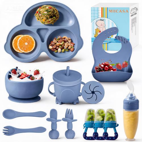 Image of Silicone Baby Feeding Set,Miicasa Baby Led Weaning Supplies Kit With Suction Bowl & Car Plate, Bib, Spoon, Fork, Cup - Food-Grade Silicone, Dishwasher-Safe, No BPAs - For 3+ Months