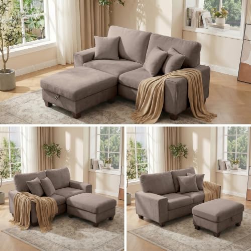 Image of DOPEDIO L-Shaped Sectional Sofa with Storage Ottoman, Modern Chenille Recliner Loveseat, Removable Couch Covers, Pocket Spring Cushions, Solid Wood Frame, Easy to Install (88.58inch, Brown)