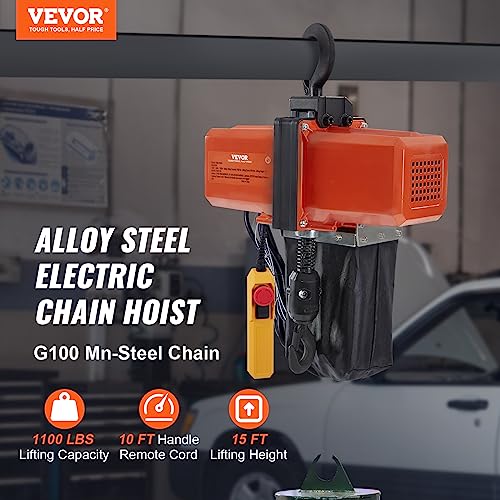 VEVOR 1100 lbs Electric Chain Hoist 15 FT Lifting Height, 120V Electric Hoist, Single Phase Overhead Crane with G100 Chain, 10 ft Wired Remote Control for Garage, Shop, Hotel, Home