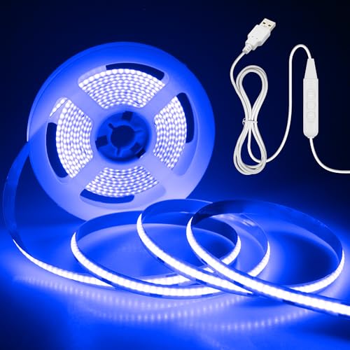 Aclorol COB LED Strip Light 3M Blue USB LED TV Backlights Dimmable Rope Light with Dimmer Felxible Tape Lights 320LEDs/M CRI85+ for Mirror Cabinet Wardrobe Cupboard Home DIY Lighting