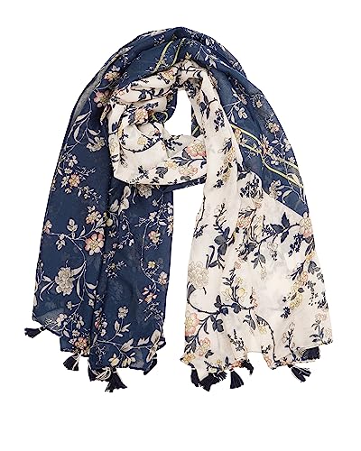YOUR SMILE Bufanda bohemia grande para mujer, ligera, con estampado floral, para otoño e invierno, con flecos, 20 Azul marino/Flor Blanca, Large