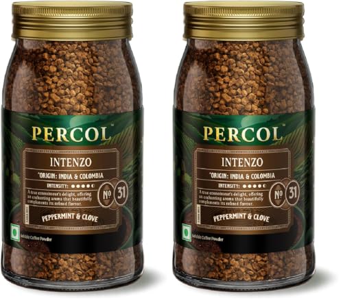 Image of PERCOL Premium Instant Coffee | Intenzo Blend 31 | Crafted with Premium Imported Beans | Freeze Dried | Designed in UK | 100g Jar | 100% Pure Coffee | Flavorful & Aromatic Coffee (Pack of 2)