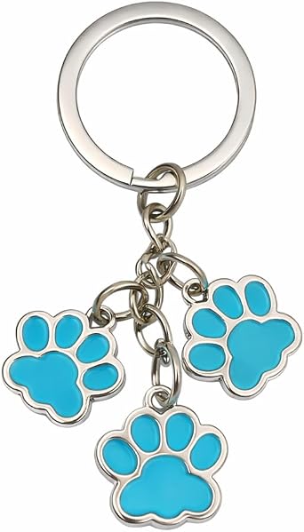 Paw Print Keyring-Animal Keychain Bag Charms for Woman of Blue and Silver Pet Paw Charm, Commemorative Key Rings Gifts for Dog and Cat Lovers, Animals Enthusiasts