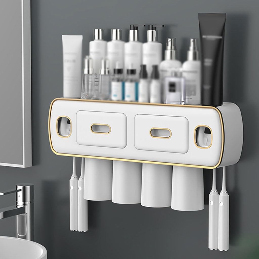 Estante para Cepillos de Dientes Portaspazzolino Bianco Avorio da Parete, Scatola portaoggetti Multifunzionale for Bagno, con Doppi Dispenser for dentifricio(L40.5cm)