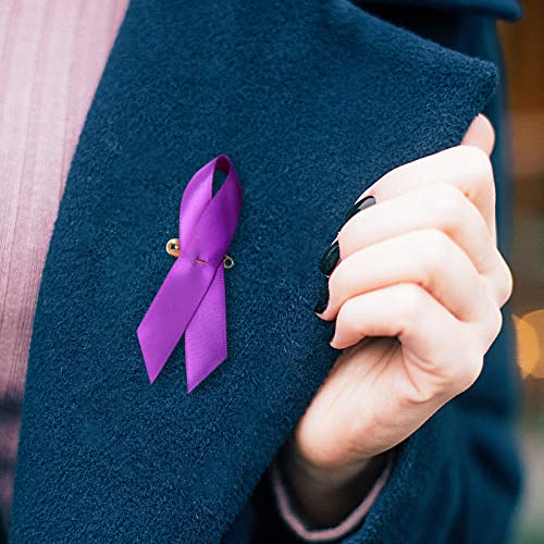 Image of 200 Pieces Purple Satin Awareness Ribbons with Safety Pins 1.4 x 3 inch