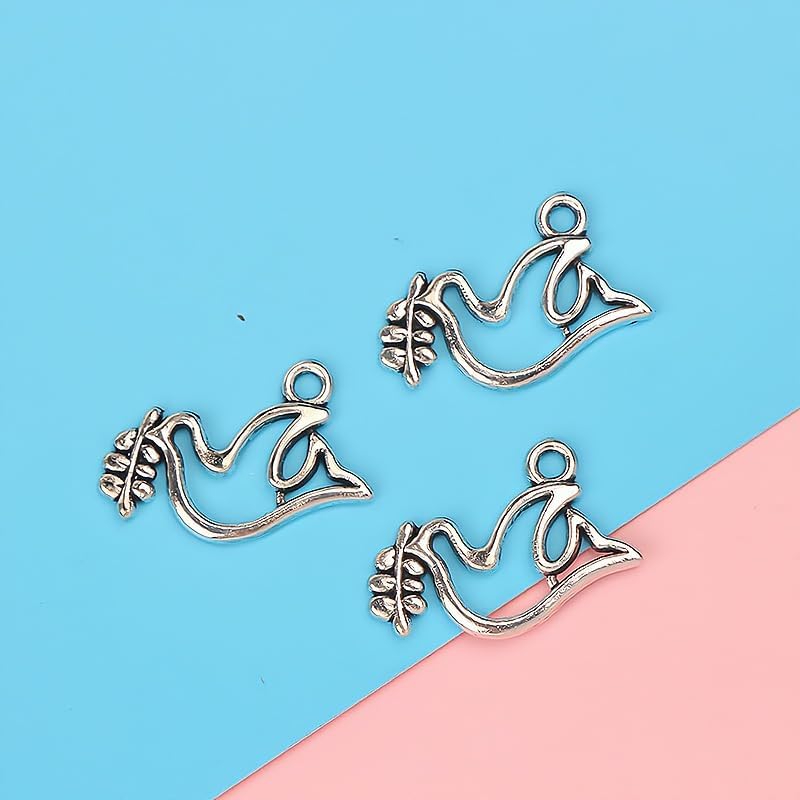 Miniatura 6 de 100 dijes de paloma de la paz, paloma de la paz, colgantes antiguos tibetanos de tono plateado para hacer bricolaje, accesorios hechos a mano, 0.512