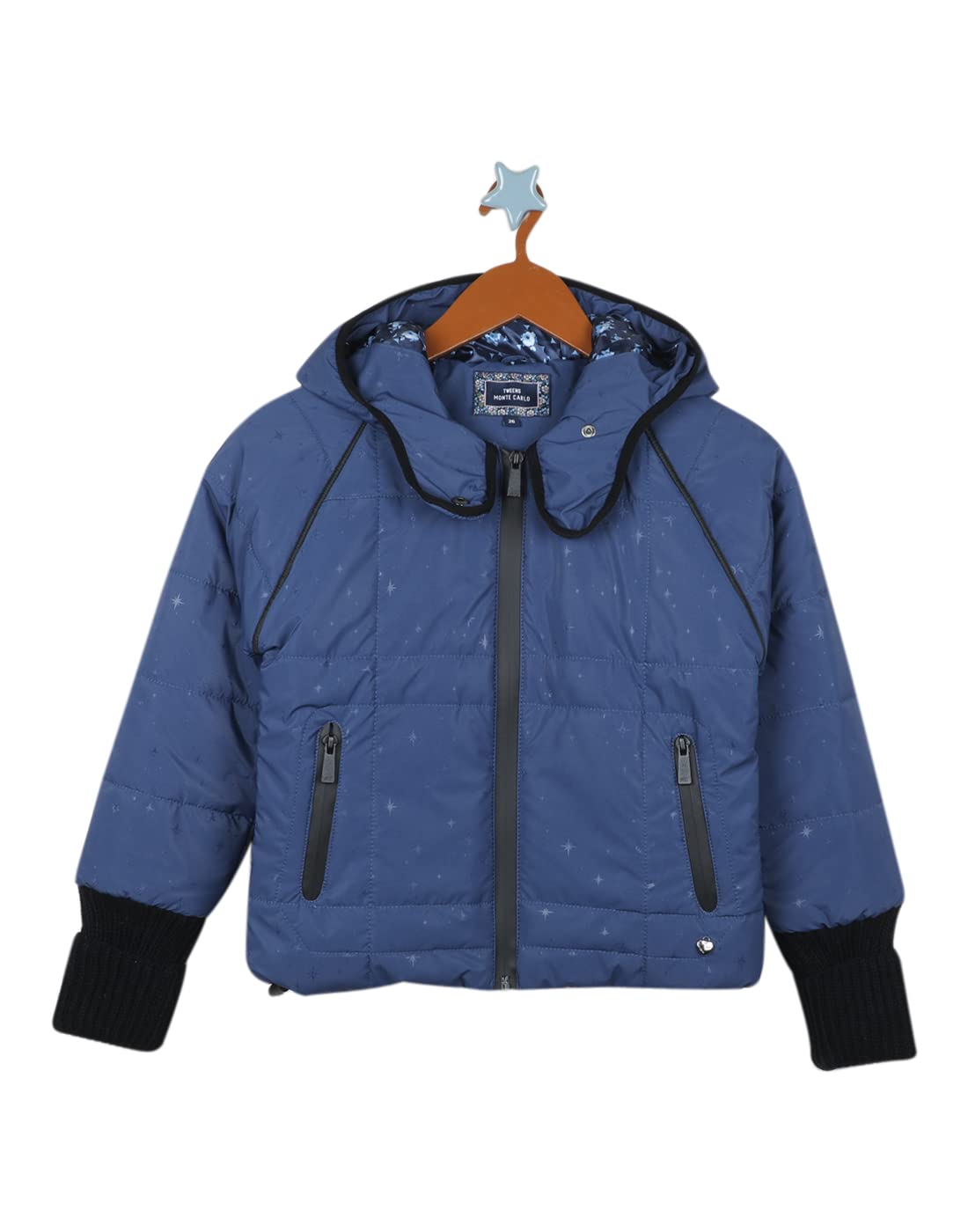 Monte Carlo Girls Blended Polyes Navy Blue Print Hood Jacket Monte Carlo Girls Blended Polyes Navy Blue Print Hood Jacket