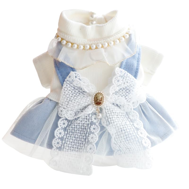 AZA Dog Princess Dresses for Small Dogs Lolita Clothes Bow Costume Pet Girl Cute Coat Outfits Fall Blue Costumes (XS,Blue)