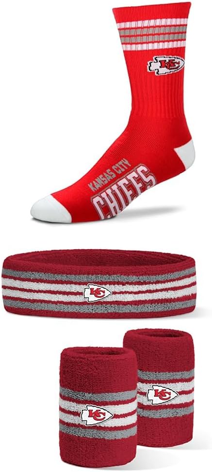 For Bare Feet Kansas City Chiefs Fan Bundle NFL Youth 4-Stripe Deuce Crew Socks + Official Headband & Wristband Combo Pack (Youth OSFM)