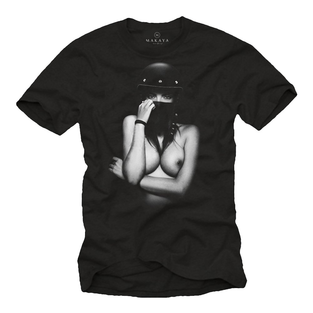 Makaya Men's Black Motorbike Accessoires For - Vintage Motorcycle T-Shirt With Lady Biker Xxxl
