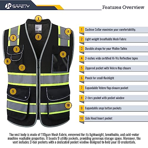 Image of JKSafety 9 Pockets Hi-Vis Black Safety Vest for Men Women High Visibility Reflective Construction Mesh Fabric Cushioned Collar Work Utility PPE Work Gear ANSI /ISEA compliant(101-Black XXL)