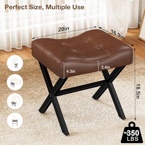 Image of Memobarco 18-Inch Large Leather Vanity Stool, Vanity Chair with Metal X-Leg, Ottoman Accent Stool with Thick Padded Saddle Seat, Dark Brown