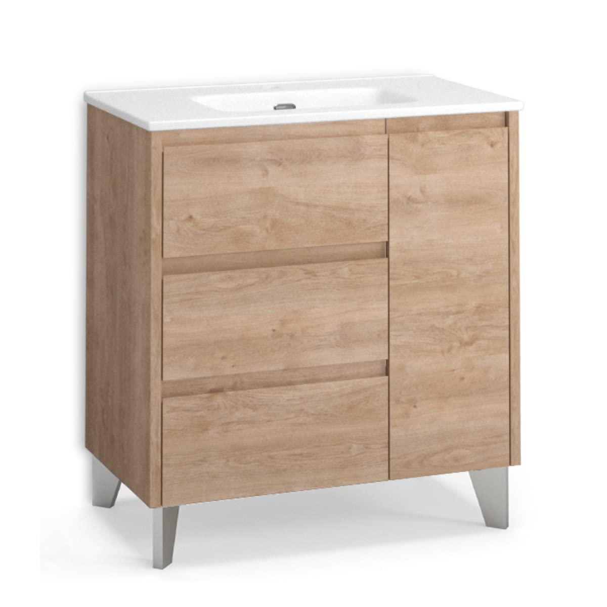 Mueble de Baño al Suelo con Lavabo Cerámico Cervino | Mueble Baño con Patas de 3 cajones y 1 Puerta con Cierre Amortiguado y Organizador Máximo Almacenamiento | Roble Natural | 90cm