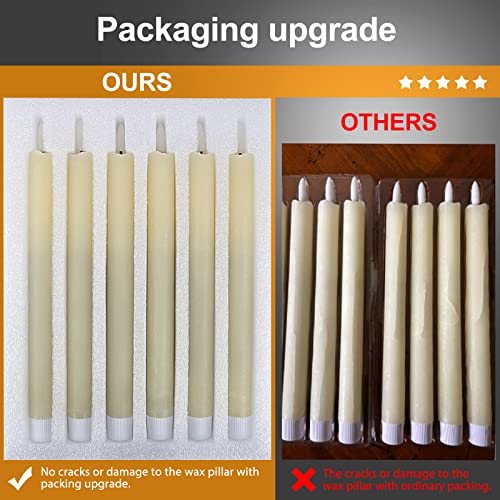 Image of Real Wax Flameless Ivory Taper Candles Flickering with Remote Timer, 9.6 inch Battery Operated Led Candles Candlesticks Black Wick with 3D Flickering Flame Pack of 6 for Christmas Home Wedding Decor