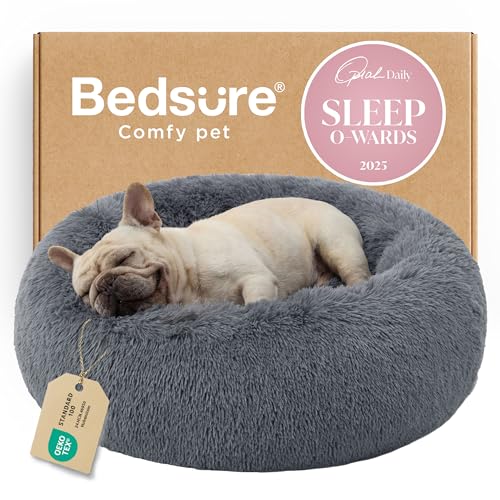 Image of Bedsure Calming Dog Bed for Medium Dogs - Donut Washable Medium Pet Bed, 30 inches Anti-Slip Round Fluffy Plush Faux Fur Cat Bed, Fits up to 45 lbs Pets, Dark Grey