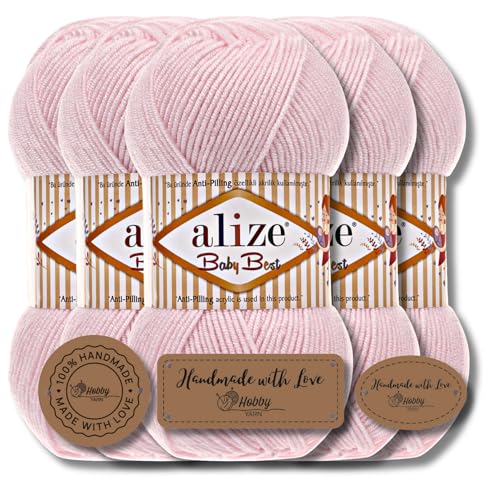 Hobby YARN 3x Etikettenlabel mit Alize Baby Best Wolle Premium 5x100g als Set | Antipilling Babywolle Acryl Uni & Batik Strickgarn zum Häkeln und Stricken (Rosa)