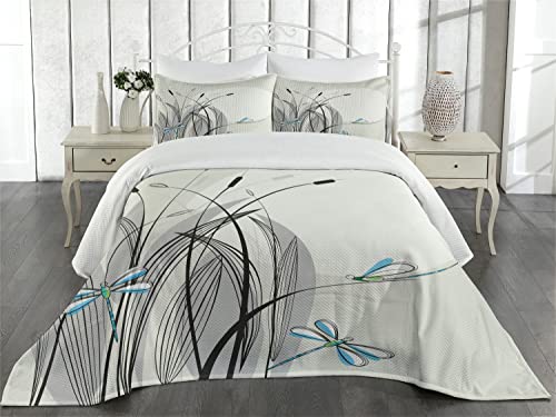 Ambesonne Dragonfly Coverlet, Dragonflies on Flowers and Branches Flourishing Nature Spring Time Predator Print, 3 Piece Decorative Quilted Bedspread Set with 2 Pillow Shams, Queen Size, White Grey