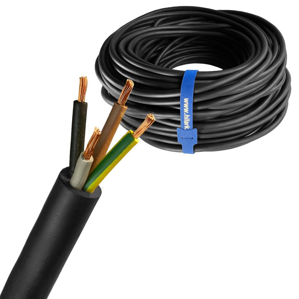 Hilark Cavo in gomma nera H07RN-F 4x2,5mm² 4g2,5mm Cavo per tubi di gomma Uso esterno (25 metri, Nero)