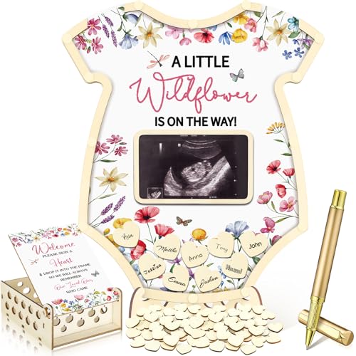 Image of Wenqik 63 Pcs Wildflower Baby Shower Guest Book Alternatives Set Baby Shower Decorations with Photo Frame Sonogram Frame Keepsake 60 Wood Slices Guest Book for Birthday