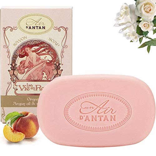 Un Air dAntan® Jabon Tradicional Perfumado Frances Rose : Manteca de Karite Organico, Aceite de Argan Bio, Perfume Original Melocotón, Petalos de Rosa, Pachulí, Formula Hidratante, Idea Regalo - 100g