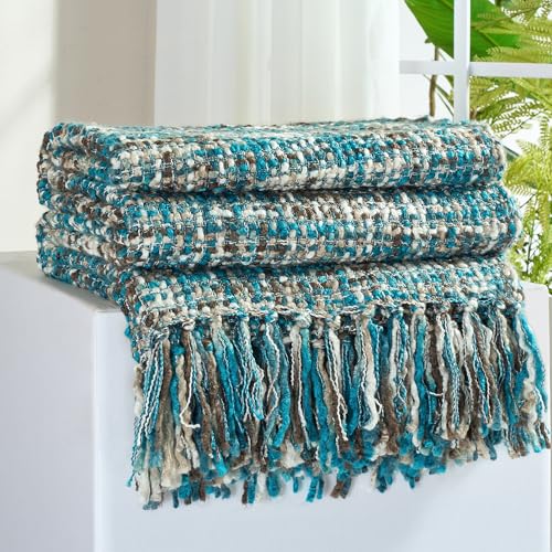 GINAMUSE Multi-Color Teal Cable Woven Throw Blanket for Couch 50X60 Boho Style Textured Blankets for Home Decor Super Soft Warm Cozy Chunky Blanket with Decorative Tassels for Bed and Sofa