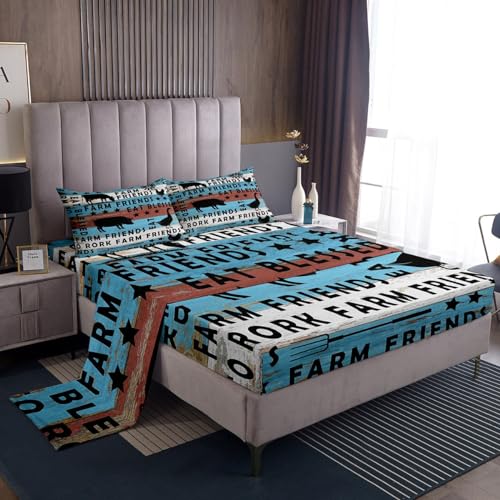 Erosebridal Farmhouse Windmill Bed Sheets, Pig Rooster Farm Cow Duck Sheet Set Twin Size, Rustic Animal Sheets Vintage Country Wooden Plank Bedding Set Windmill Bedroom Decor, Blue