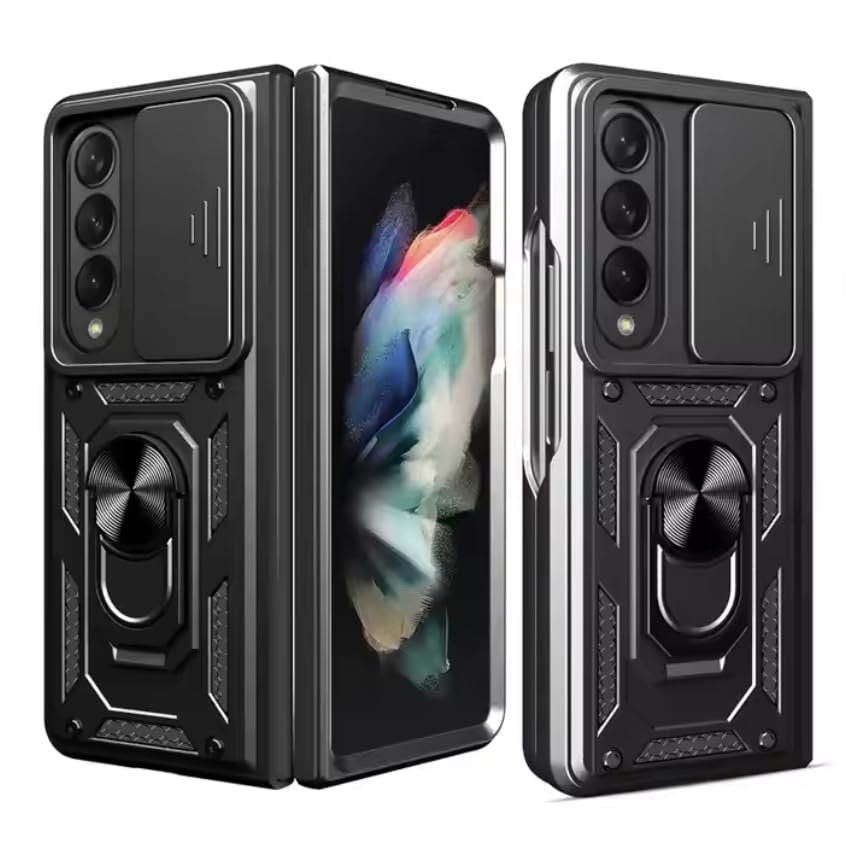Image of Tough Armor Back Cover for Samsung Galaxy Z Fold 4 5G Bumper Back Case | Ring Holder & Sliding Camera Shield Cover | 360 Degree Protection Back Case Cover (Black)