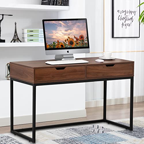 Bonzy Home Office Desk Computer Desk Table, Modern Simple 47 Inch Home Study Table Writing Desk Makeup Vanity Console Table Metal Frame With 2 Storage Drawers,Walnut #TOP28