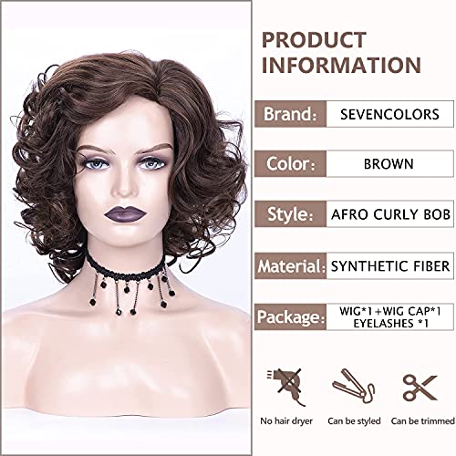 Sevencolors Short Brown Curly Wigs For Black Women Mxied Brown Big Curly Bob Synthetic Wig #TOP1